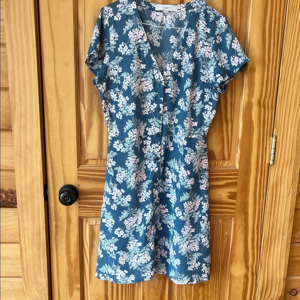 LOFT Teal-Blue Floral V-Neck Button Dress - Size 4